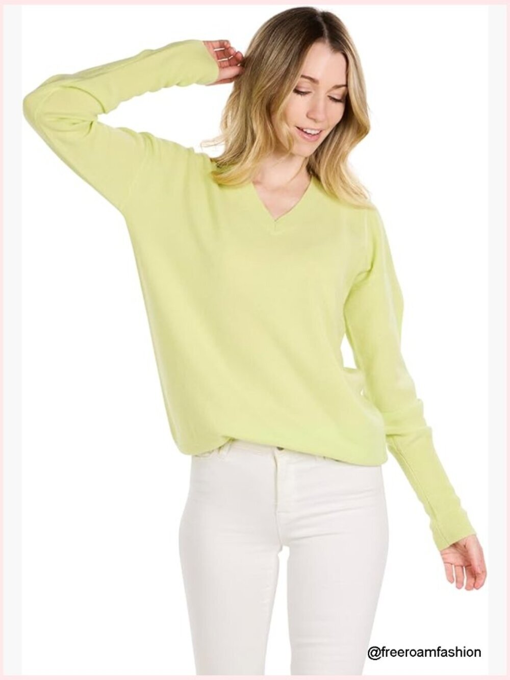 100% Pure Cashmere V-Neck Drop Shoulder Long Sleeve Pullover Sweater